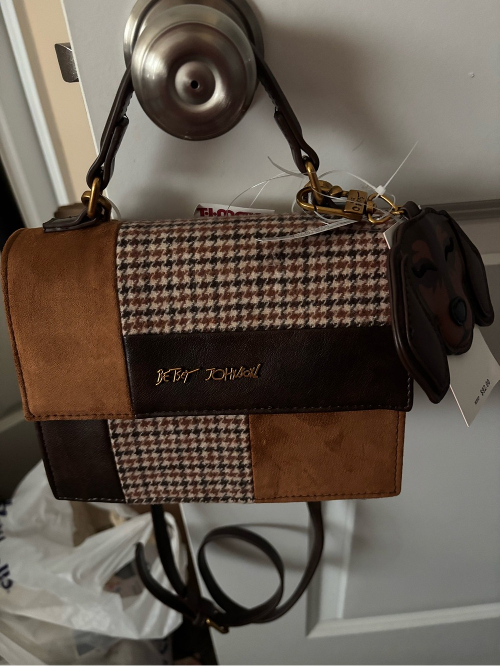 Betsey Johnson Brown Patchwork Houndstooth Satchel with Dog Charm - Picture 3 of 3